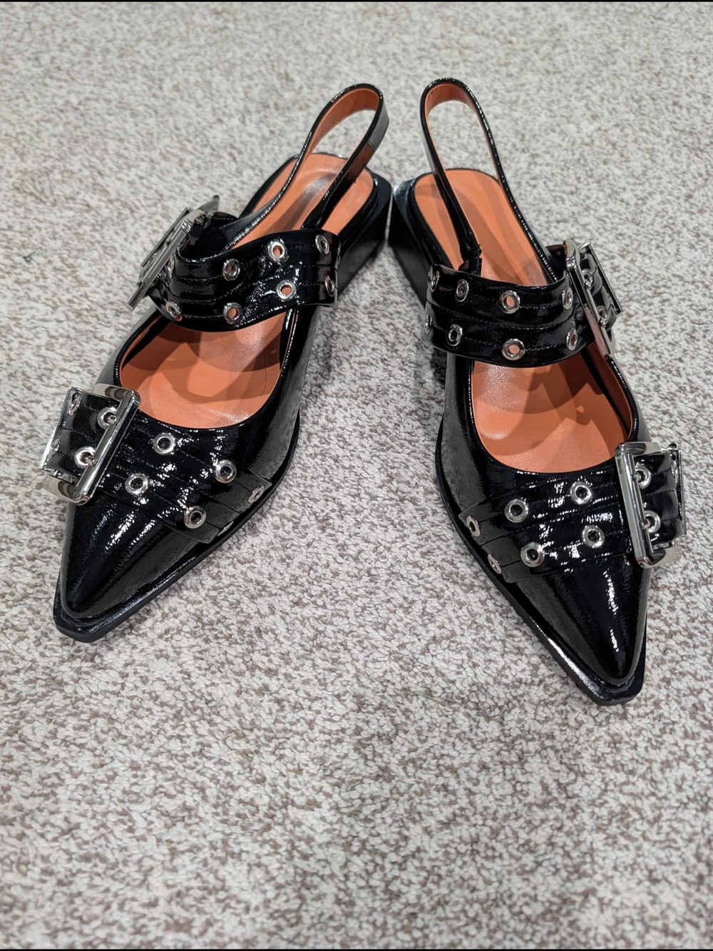 Black Patent Pointed Slingback Flats with Buckle Detail